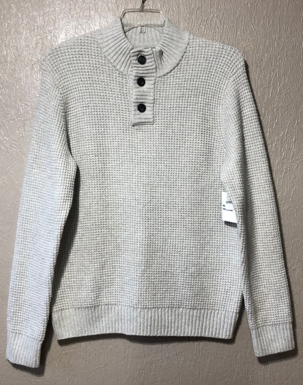 Old Navy Men’s Mock Neck Military Henley Waffle Sweater Pullover Beige Large New